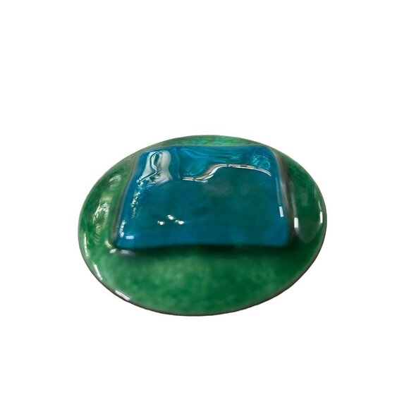 Vintage 1980s Porcelain Brooch Pin Mod Design Blue Green Glazed Copper Trim 2" D - Picture 5 of 12